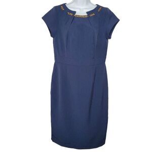 Shelby and Palmer Sheath Dress Sz 10 Navy Blue Gold Chain Accent Career Office
